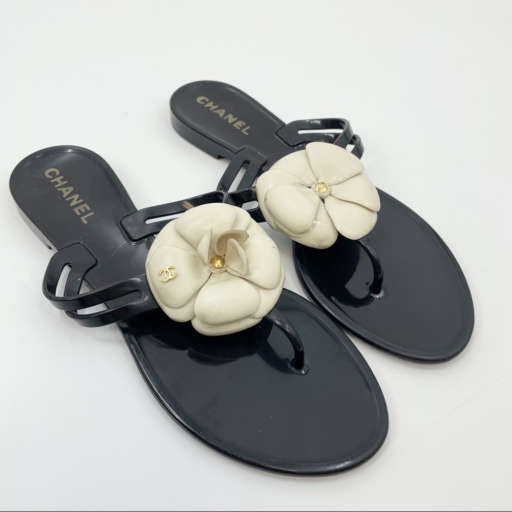 CHANEL Camellia Black Jelly Floral Thong Sandals CC Logo 38 8